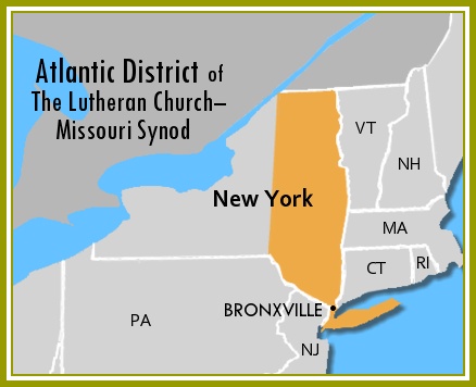 Map of the Atlantic District of The Lutheran Church—Missouri Synod, showing the eastern half of New York State centered on New York City and the Hudson Valley, with neighboring states (Pennsylvania, New Jersey, Connecticut, Massachusetts, Vermont, New Hampshire, Rhode Island) shown in outline.